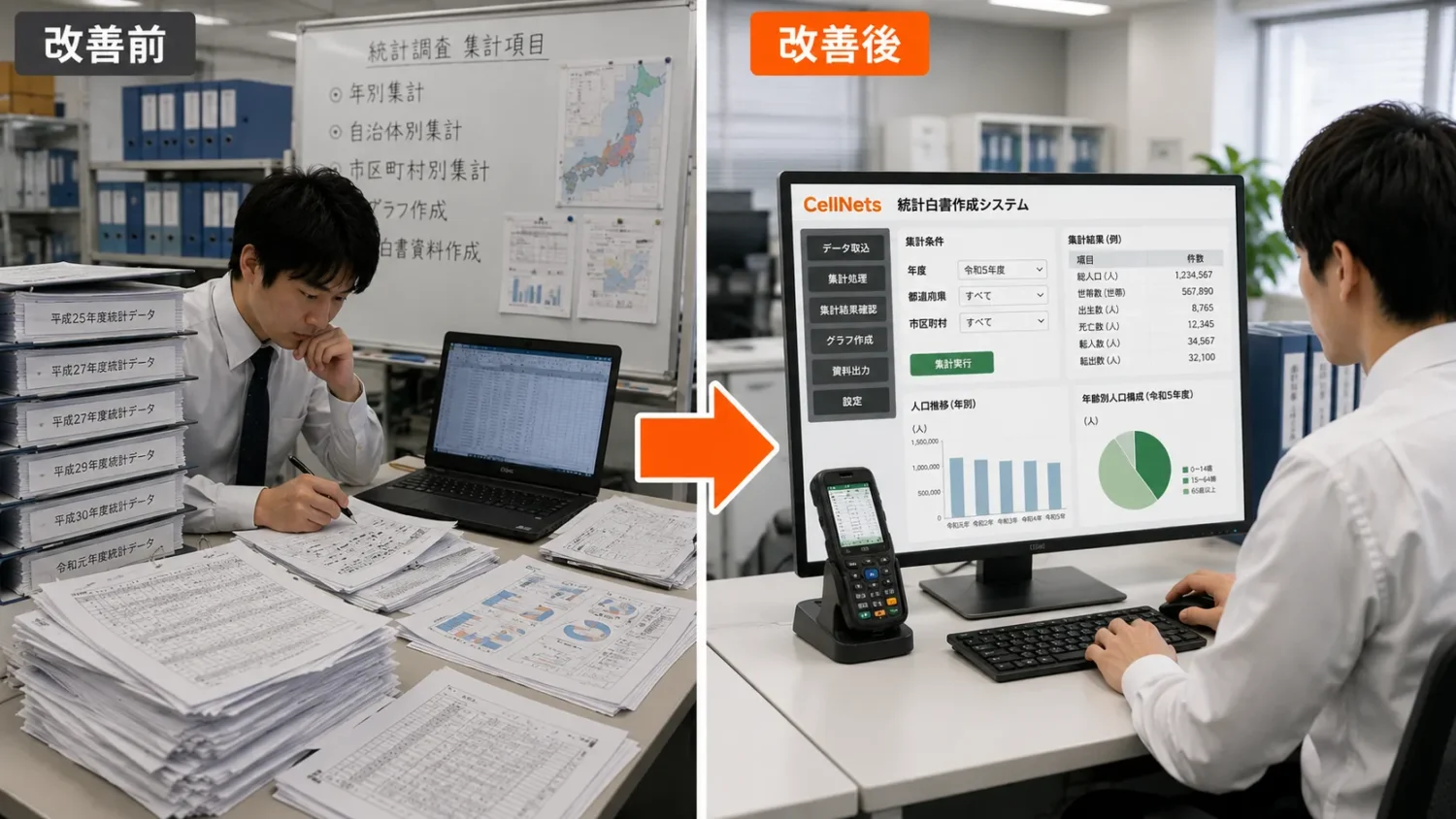 官公庁の統計白書作成におけるビッグデータ集計業務。改善前と改善後の業務比較