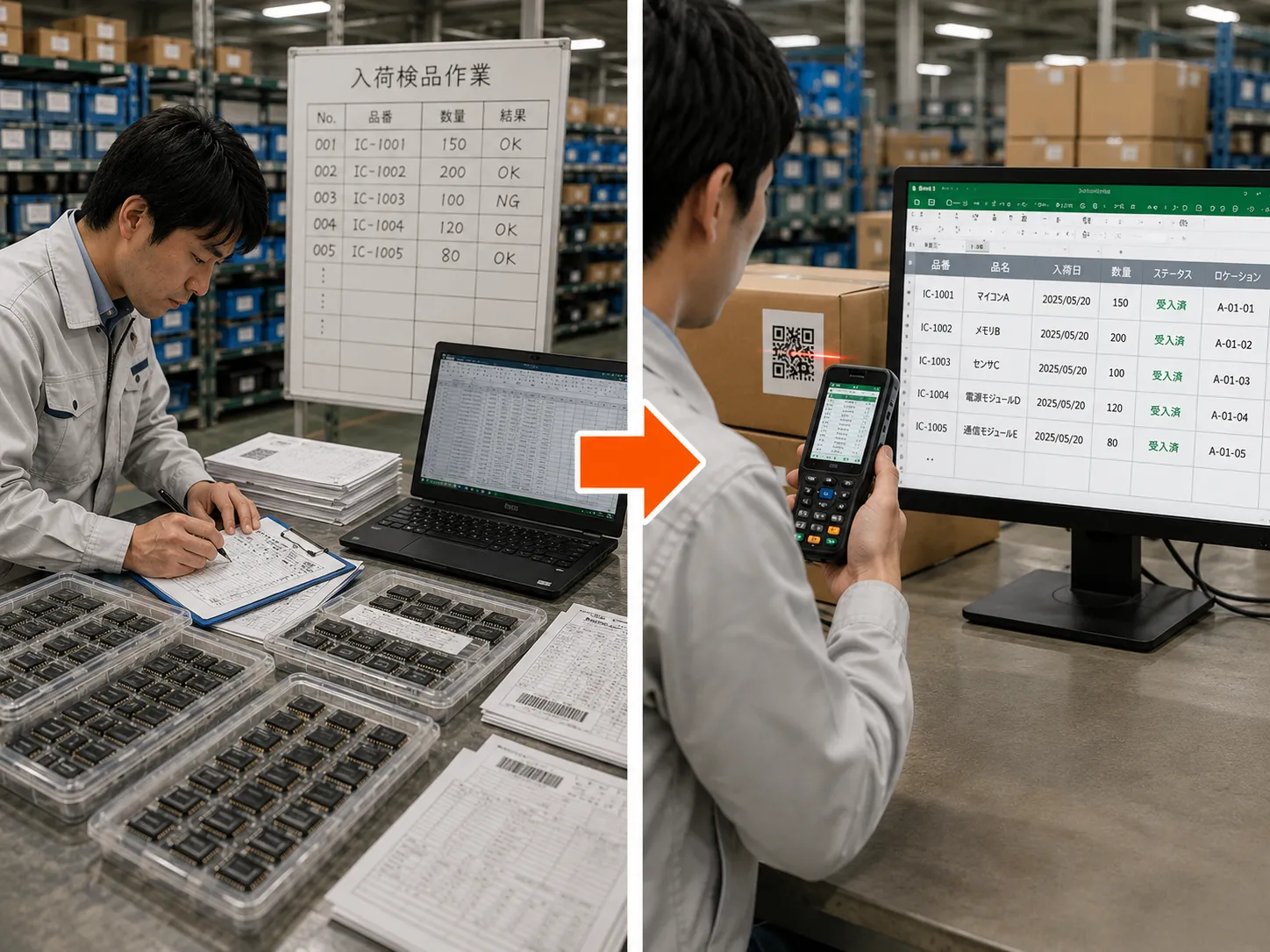半導体メーカーの入荷検品・在庫管理業務における改善前と改善後の業務比較