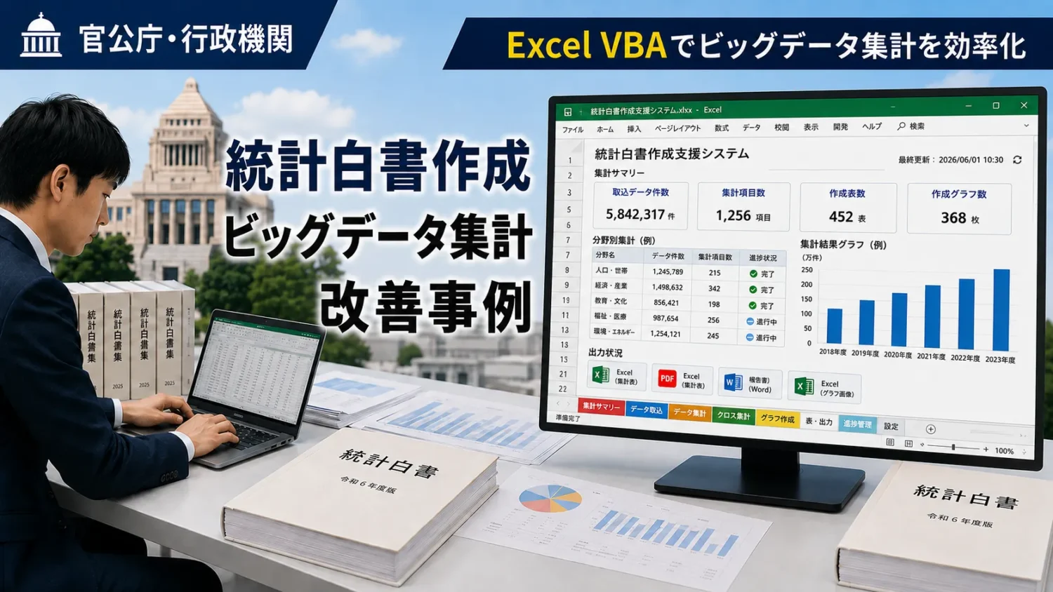 官公庁 統計白書作成 Excel業務改善・効率化の事例。ExcelVBAでビッグデータ集計を効率化