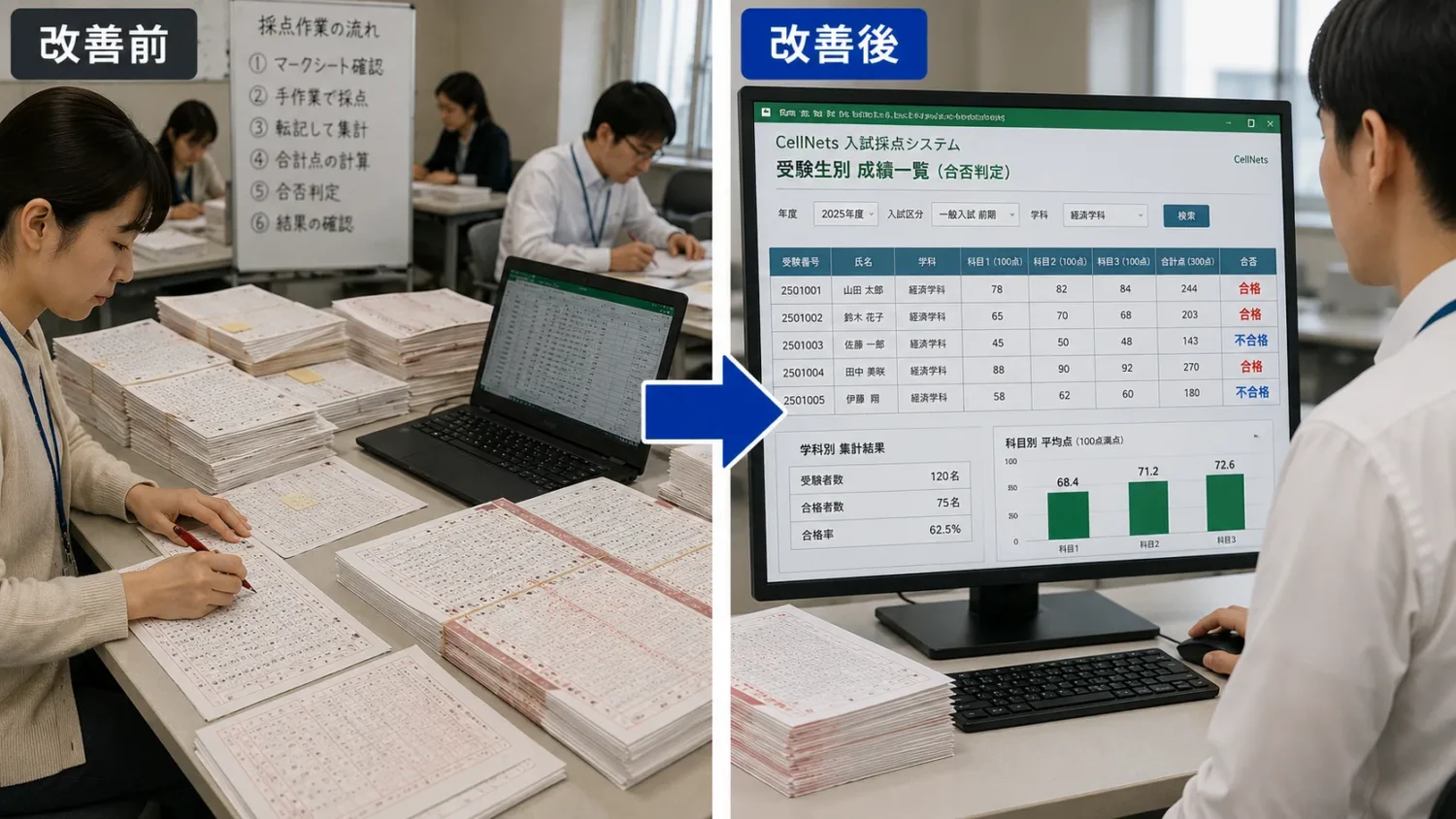 大学入試のマークシート採点業務における改善前と改善後の業務比較