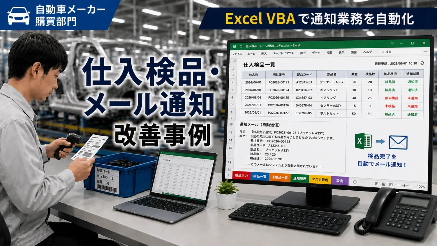 自動車メーカー 購買部門 仕入検品・メール通知、Excel業務改善・効率化の事例。| ExcelVBAで通知業務を自動化