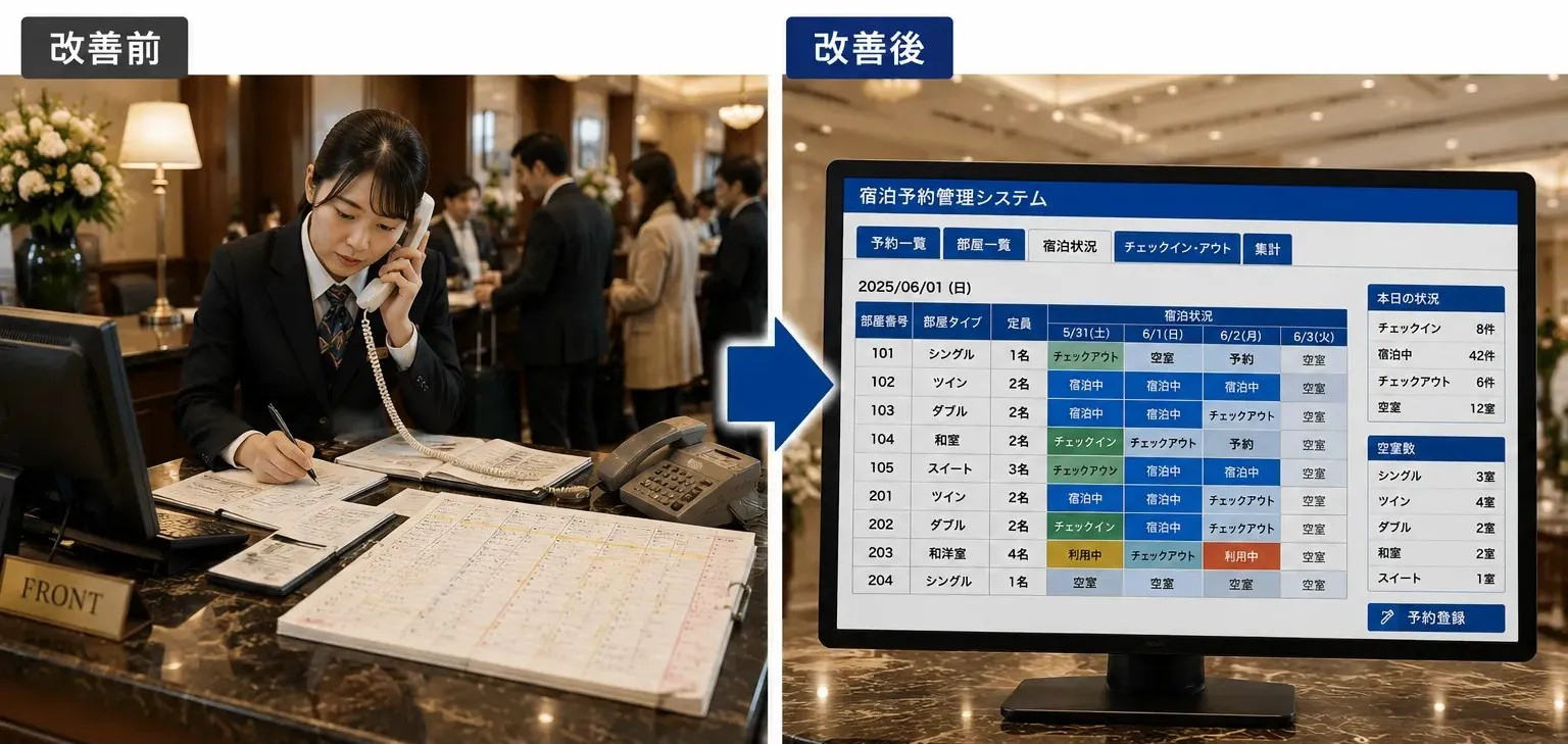 改善前
電話・Web・旅行サイトなど複数の予約を個別に管理
予約変更のたびに複数の表を更新
空室状況の確認に時間がかかる
ダブルブッキングのリスクがある
引継ぎ時に情報共有が大変
改善後
宿泊予約をExcelVBAで一元管理
予約変更は一度の入力で自動反映
空室状況をリアルタイムで確認
ダブルブッキングを防止
誰でも同じ操作で引継ぎもスムーズ