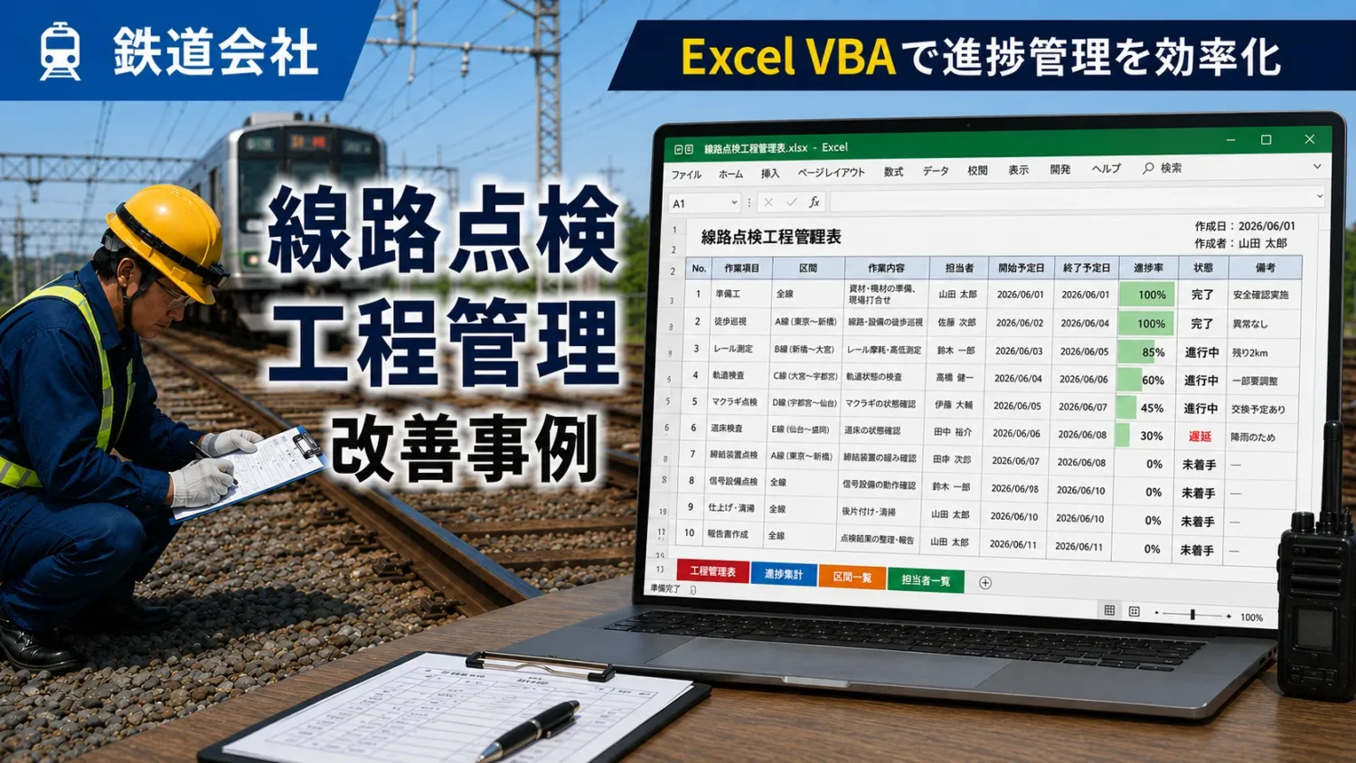 鉄道会社 線路点検・工程管理Excel業務改善・効率化の事例。ExcelVBAで進捗管理を効率化