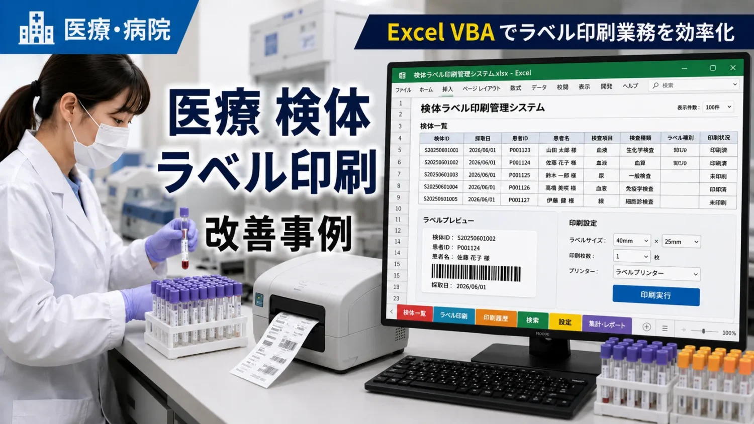 医療 検体ラベル印刷の業務改善・効率化の事例。ExcelVBAでブラザー社の専用ラベル印刷を効率化