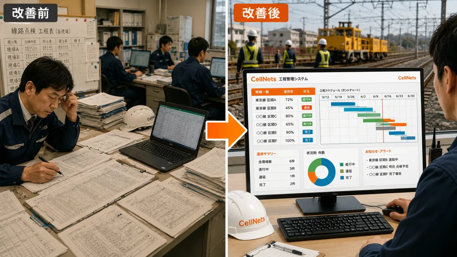 鉄道会社の線路点検Excel工程管理における改善前と改善後の業務比較