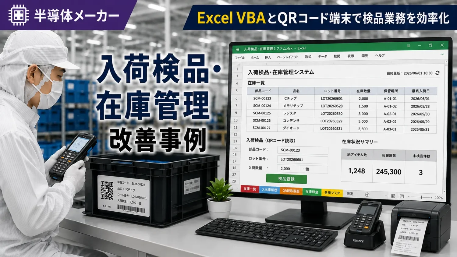 半導体メーカー 入荷検品・在庫管理 Excel業務改善・効率化の事例。VBAとQRコード端末で検品業務を効率化